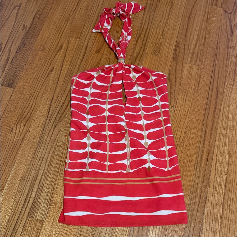 Vix Red White Gold Backless Halter Dress